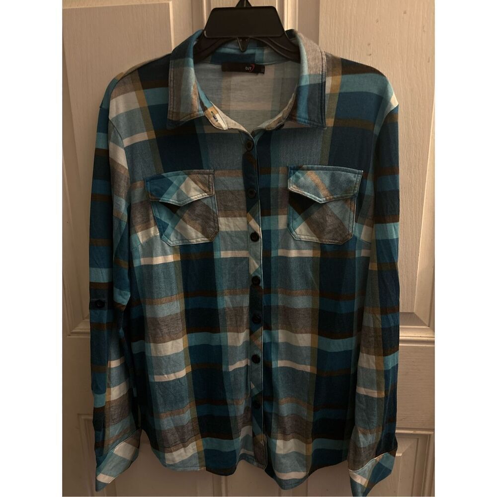 DJT Turquoise blue/green plaid tunic size XL